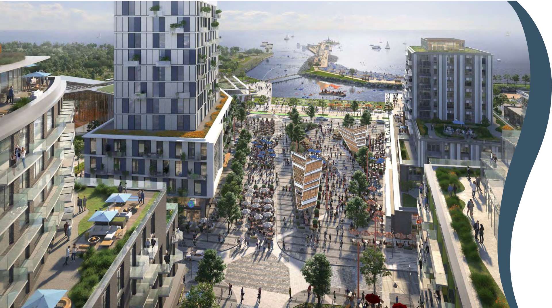 Bird’s-eye view of Lakeview Village showing people by lake and city skyline in background