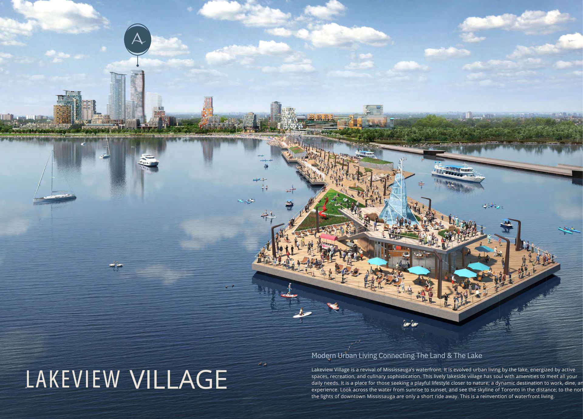 "Wide view of Lakeview Village with people enjoying lake and Aquanova Condos building visible.