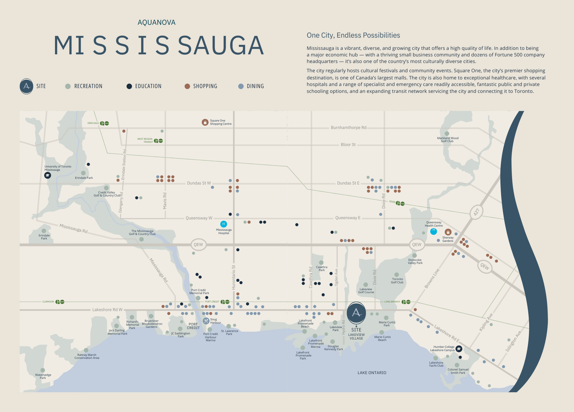 Aquanova Condos amenities map showing facilities and features in Lakeview Village.