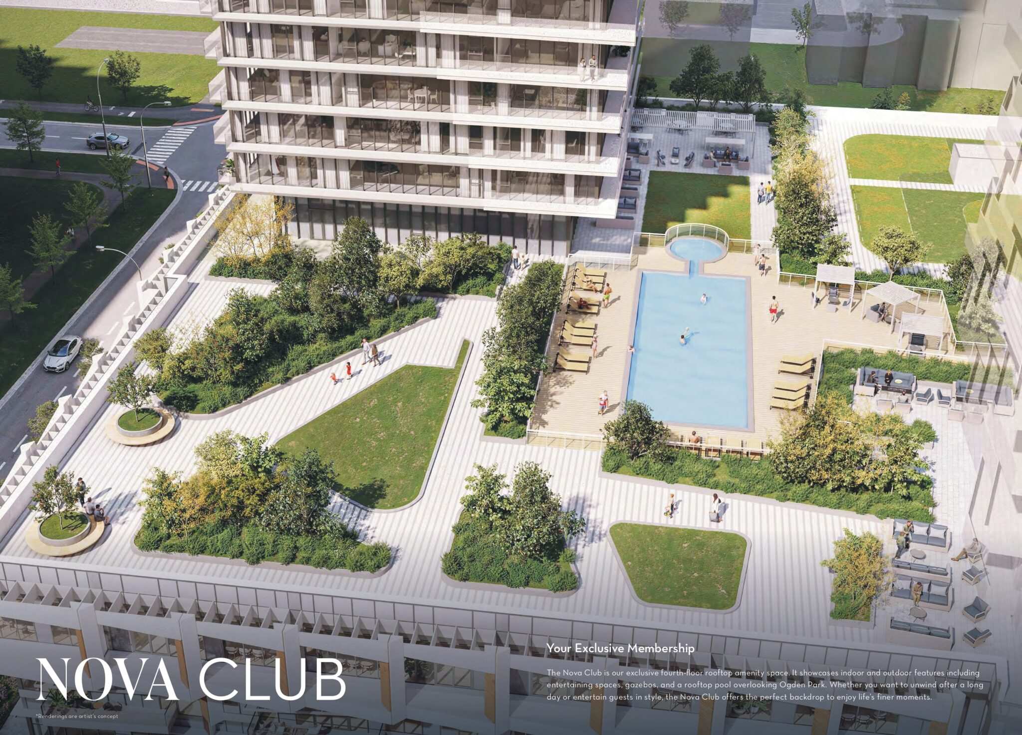 Aquanova Condos front view with swimming pool, garden, and kids playing outside.