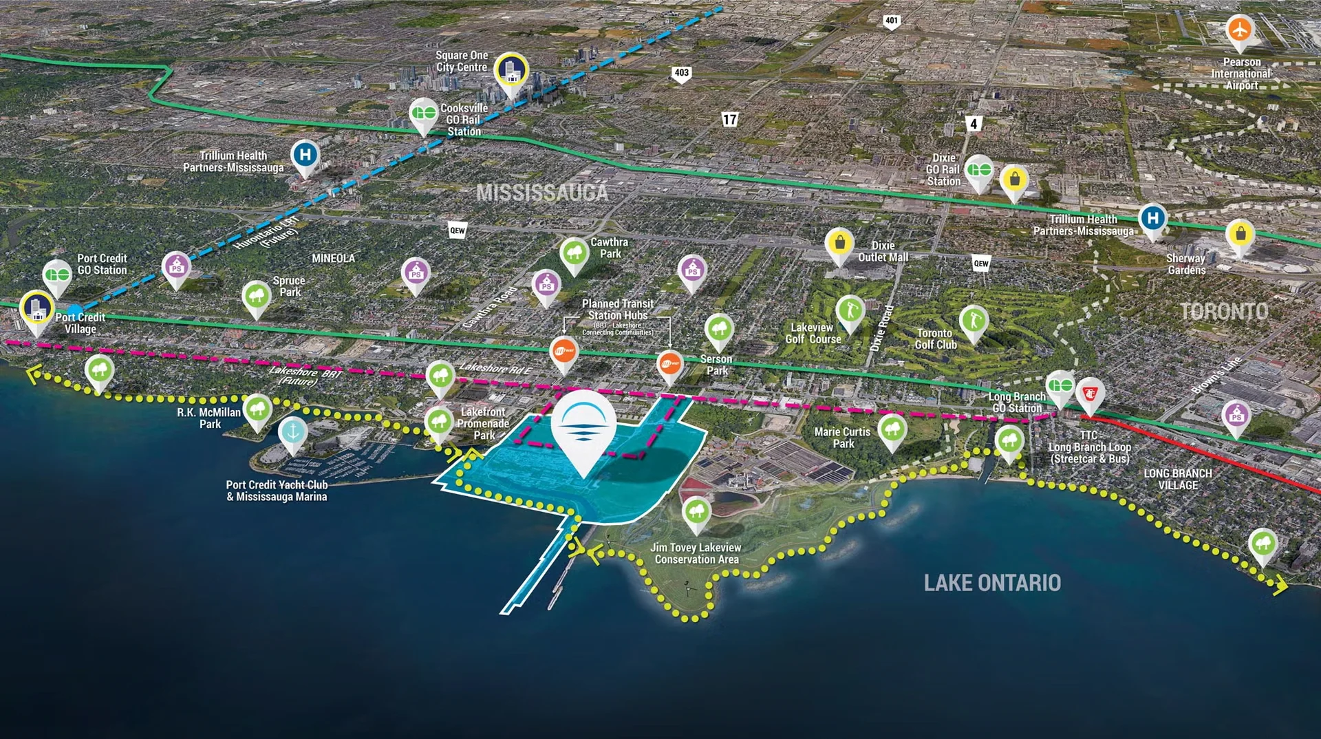 Location map showing Aquanova Condos in Lakeview Village near waterfront and city center.